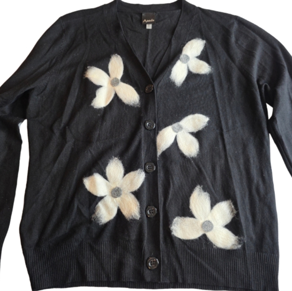 Aaeda By Anthropologie M Black Ethereal 3D Floral Cardigan 2844-Bo